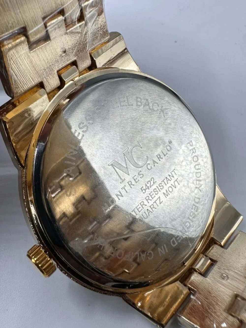 Montres Carlo Watch Men Gold Tone Crystal Bezel Round Dial 45MM Works 8.75